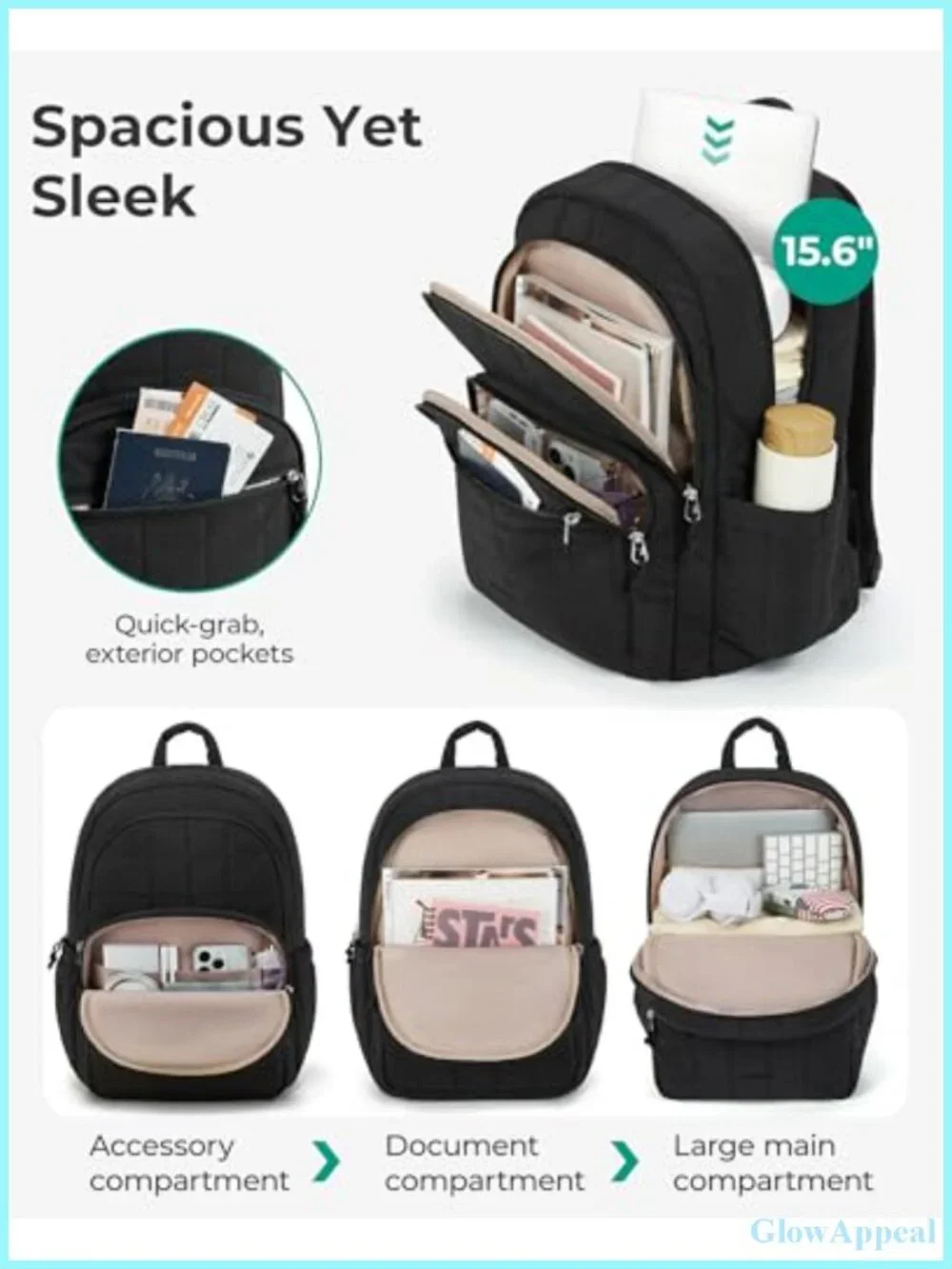 Quilted Laptop Backpack for 15.6 Inch, Water-Resistant, Taslan, Travel Daypack